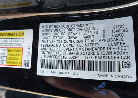 2025 Honda Civic Sport from USA, damaged, VIN 2HGFE2F54SH560341